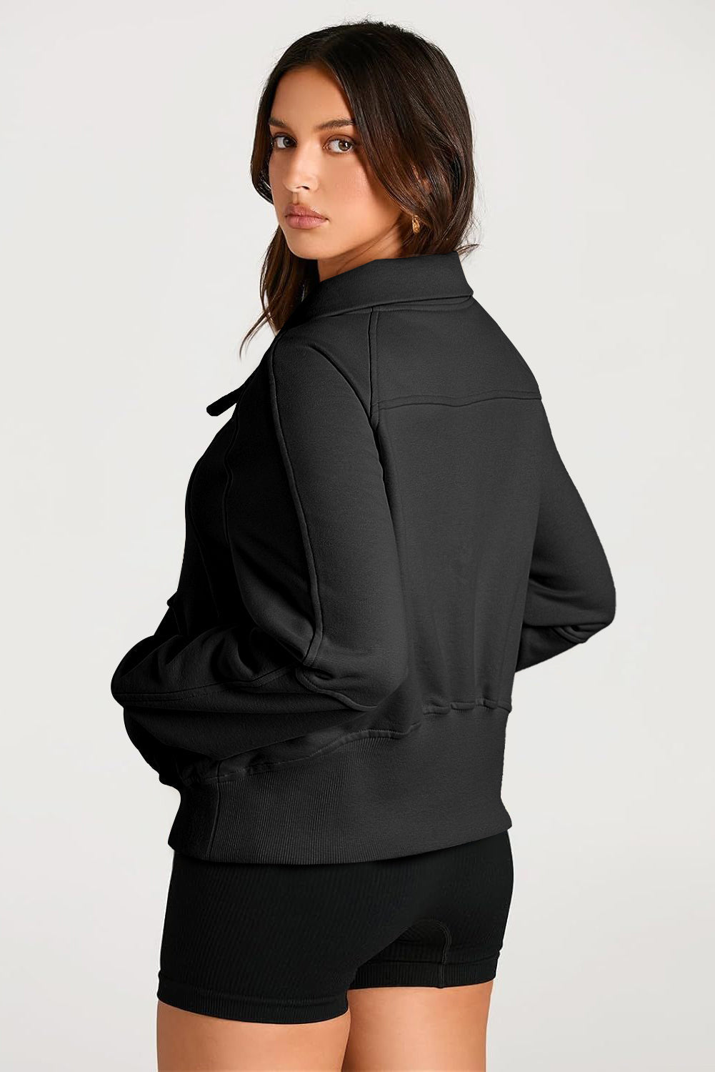 Smoke Green Quarter Zip Stand Neck Kangaroo Pocket Sweatshirt