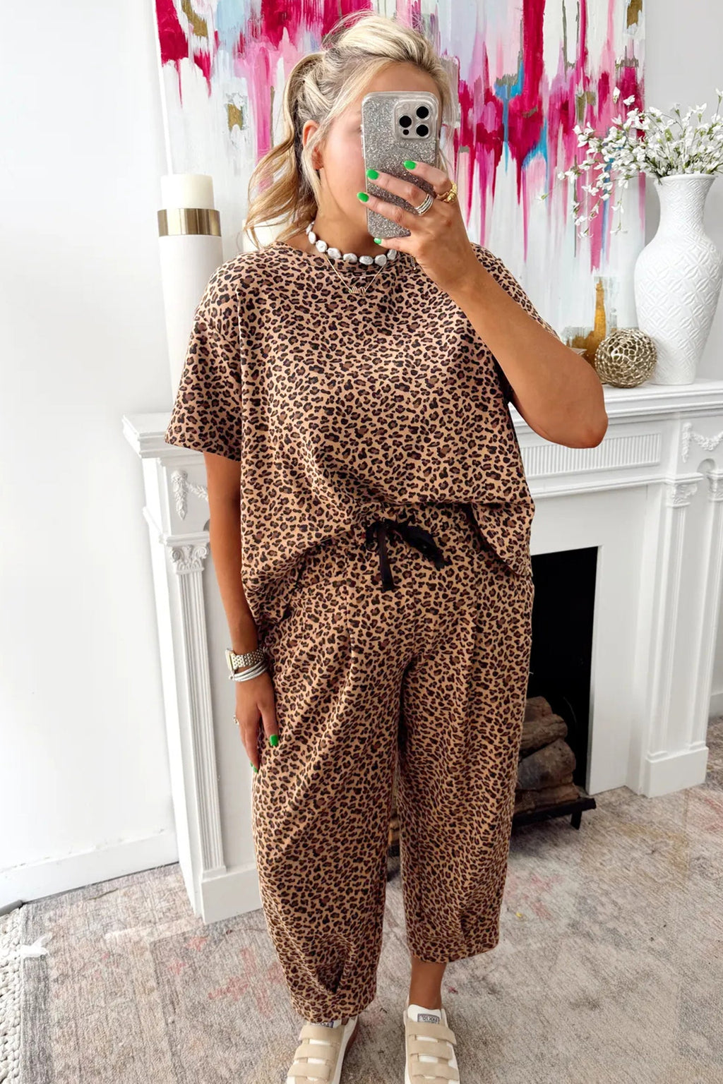 White Leopard High-Low Loose Tee Ankle Length Pants Set