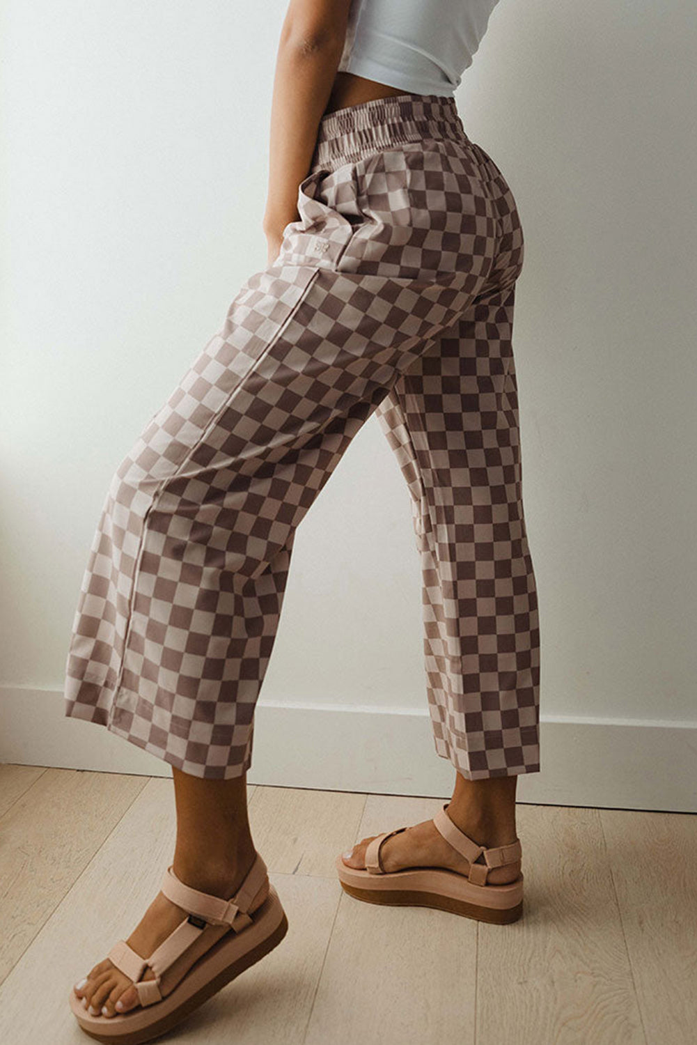 Khaki Tie Elastic Waist Checkered Loose Pants