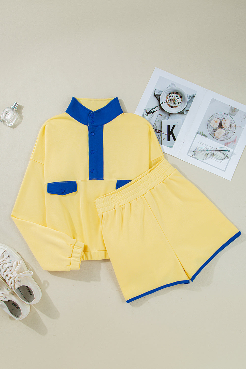 Black Color Block Patchwork Half Button Pullover and Shorts 2pcs Outfit