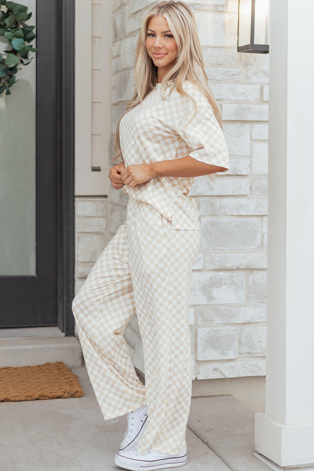 Rose Checkered Print Half Sleeve Tee 2pcs Lounge Pant Set