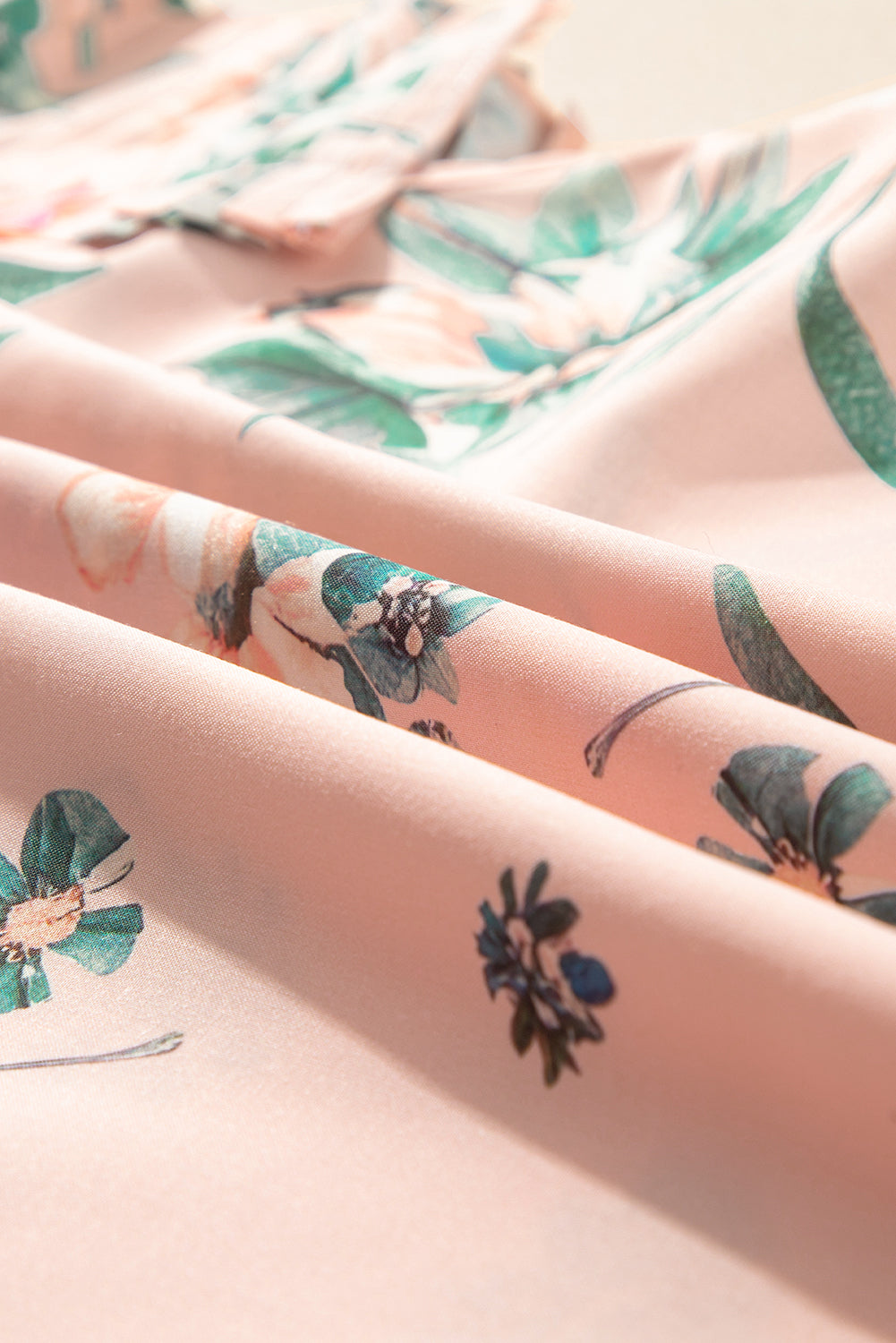 Pink Floral Print Frill V Neck Pleated Sleeve Blouse