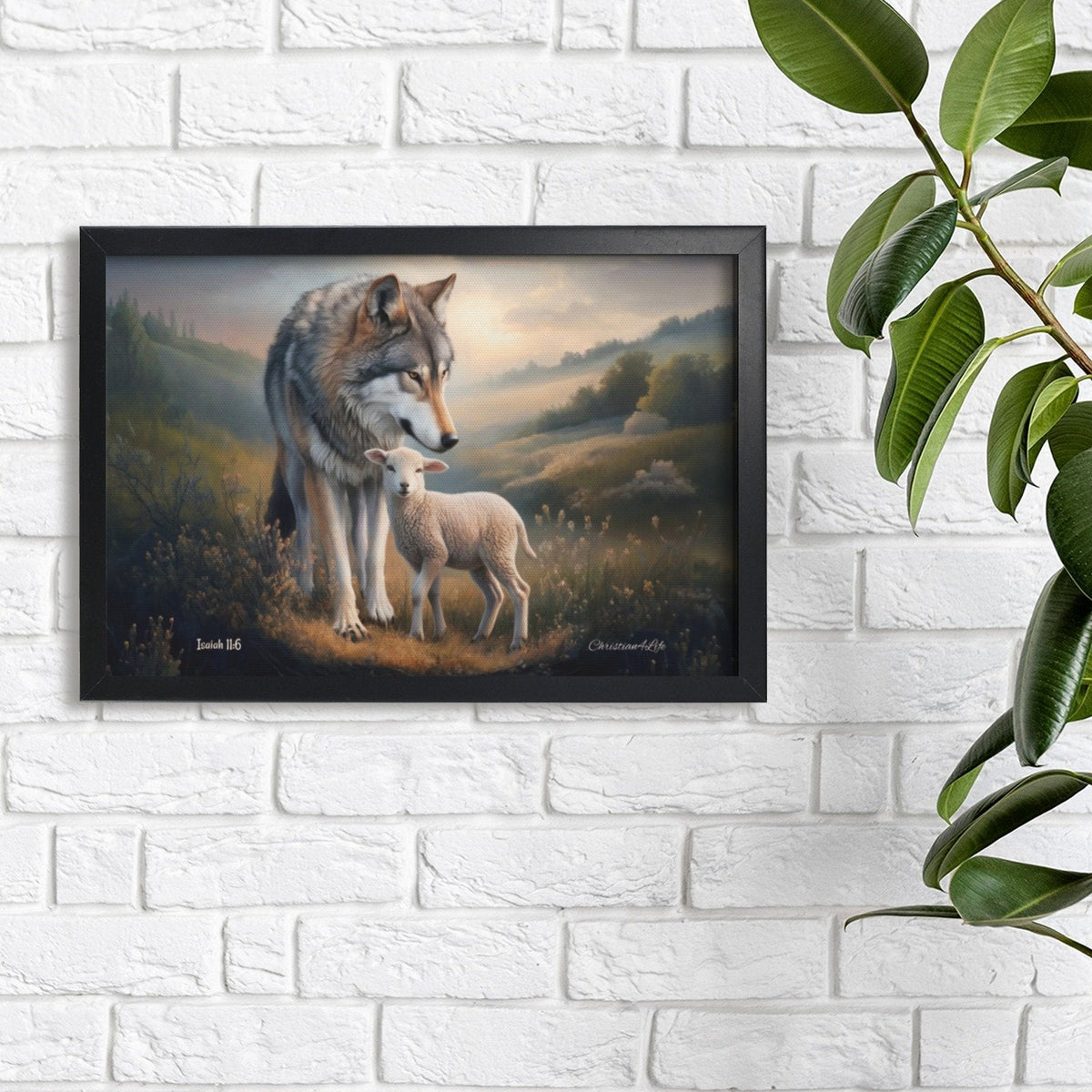 Framed- Wolf and Lamb, Christian Wall Art, Black Framed Canvas Print, Isaiah 11:6