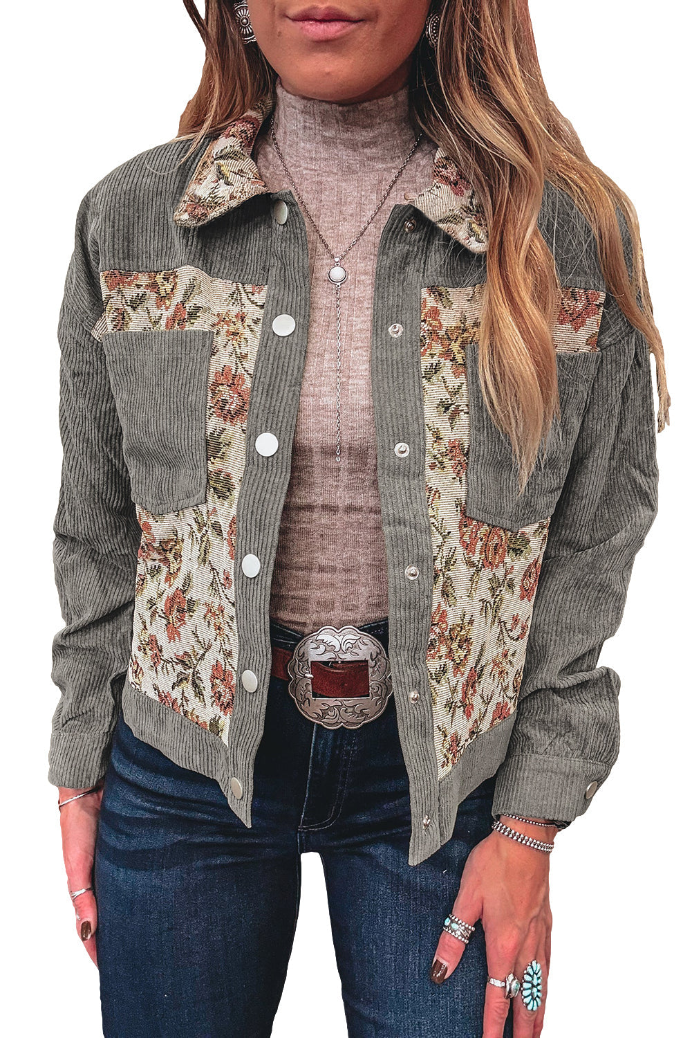Clay Ribbed Retro Floral Patchwork Jacket