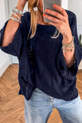 Navy Blue Hollow Out Knit 3/4 Sleeve Loose Sweater