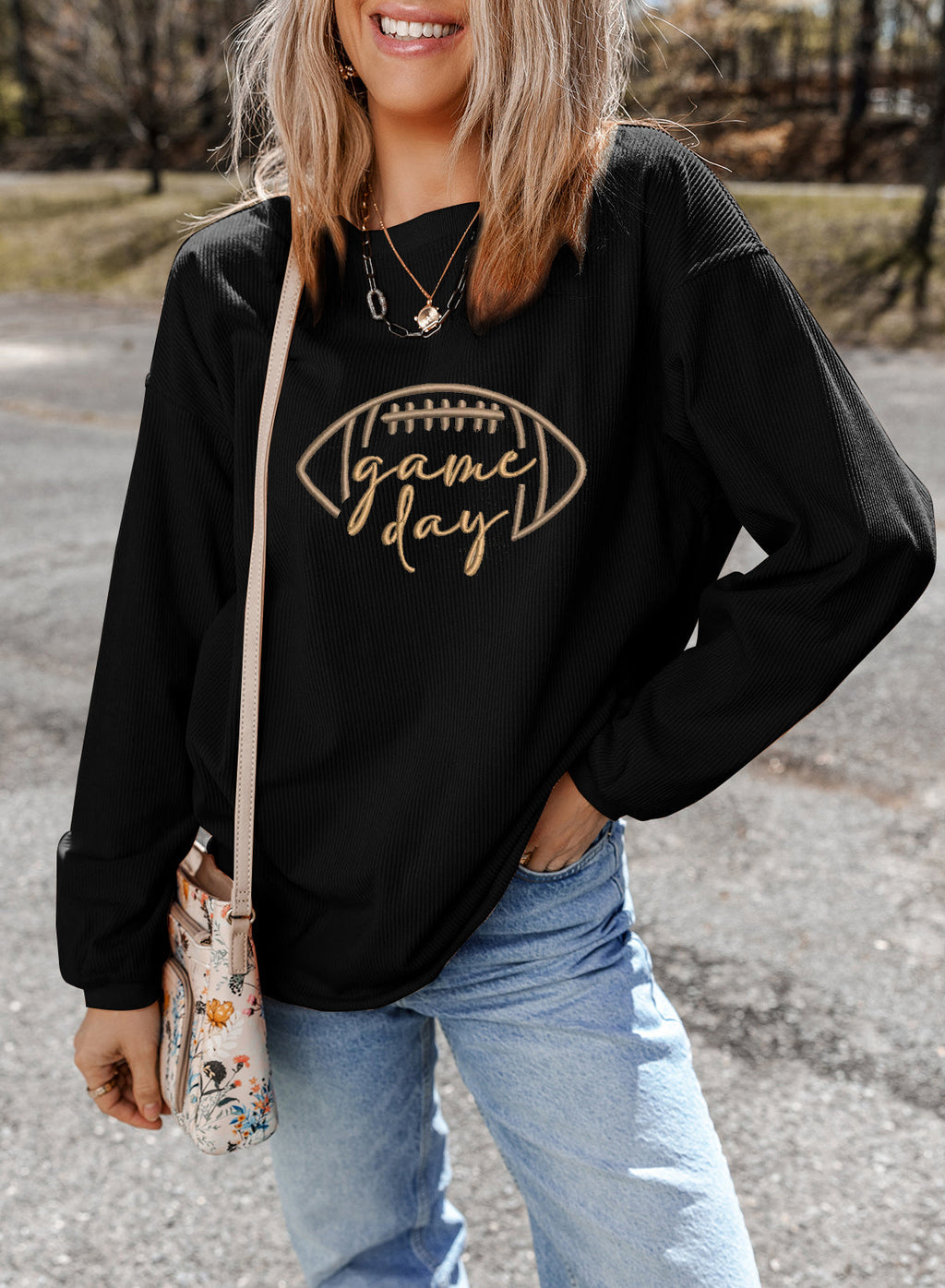 Black Football Graphic Game Day Embroidered Corded Sweatshirt