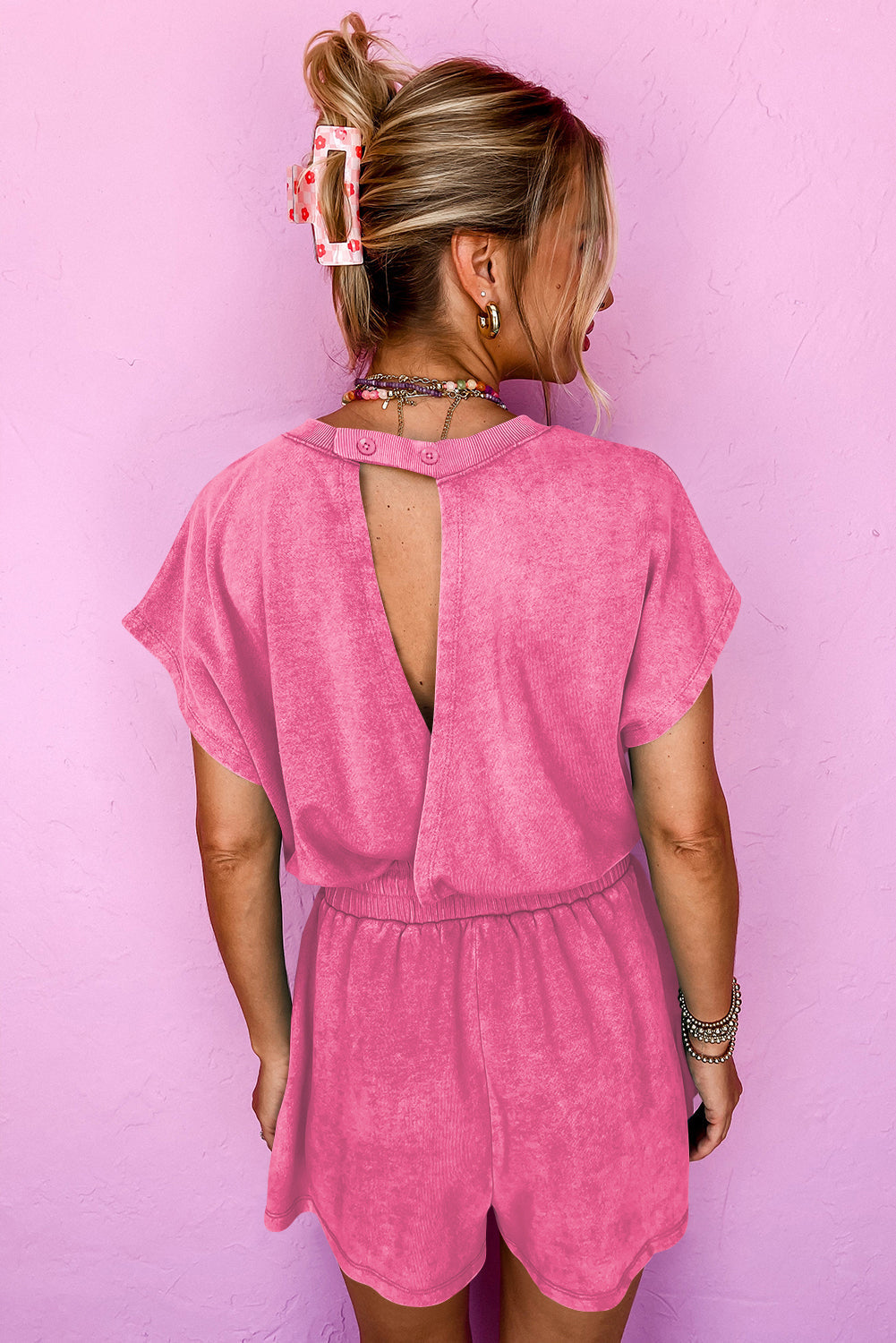 Bonbon Drawstring Waist Backless Short Sleeve Romper