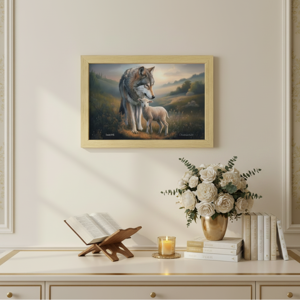 Framed - Wolf and Lamb Christian Canvas, Wooden Frame