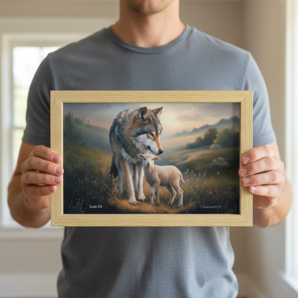 Framed - Wolf and Lamb Christian Canvas, Wooden Frame