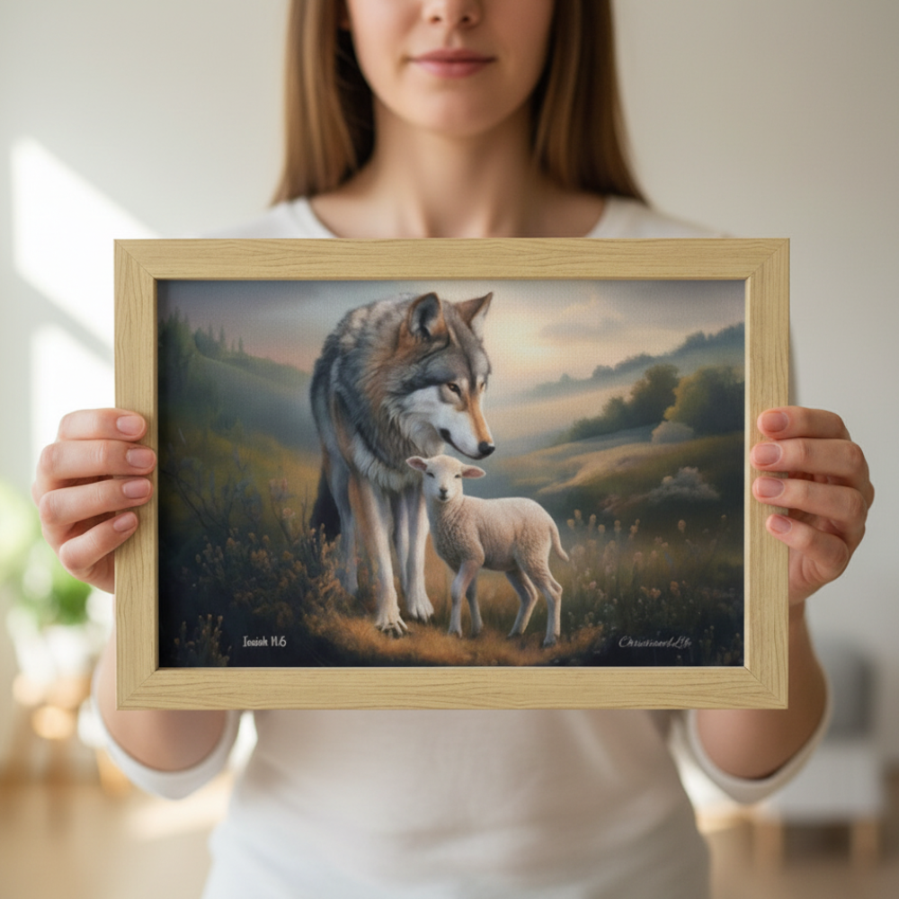 Framed - Wolf and Lamb Christian Canvas, Wooden Frame