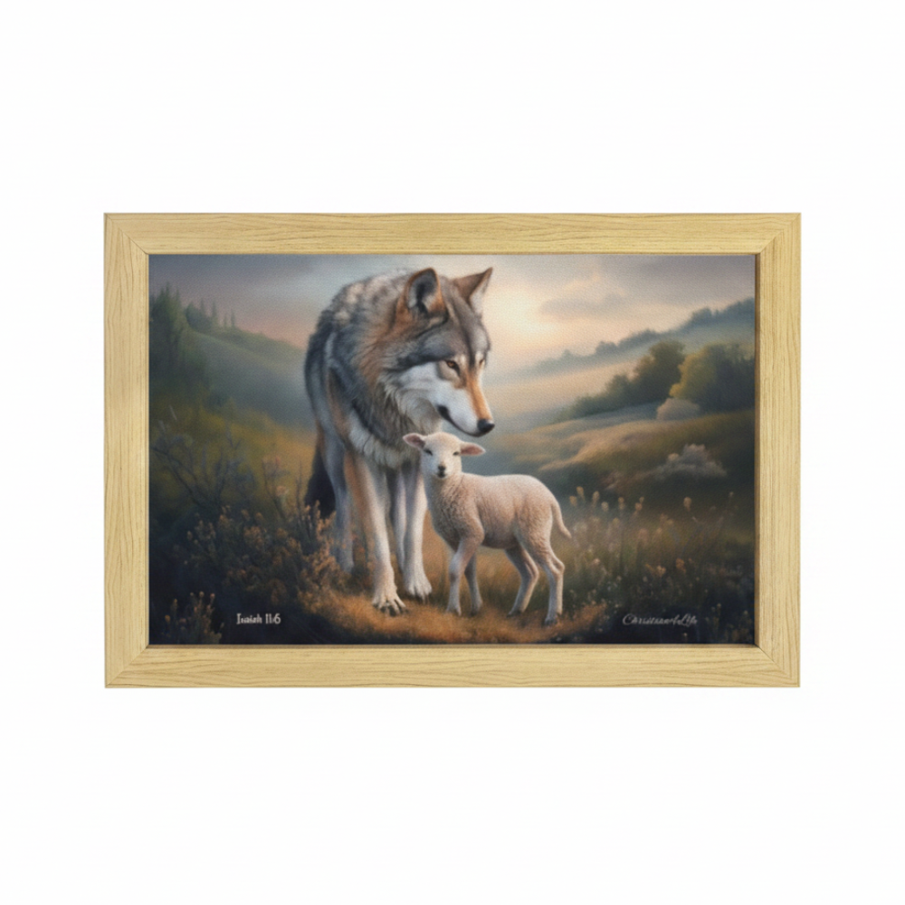 Framed - Wolf and Lamb Christian Canvas, Wooden Frame