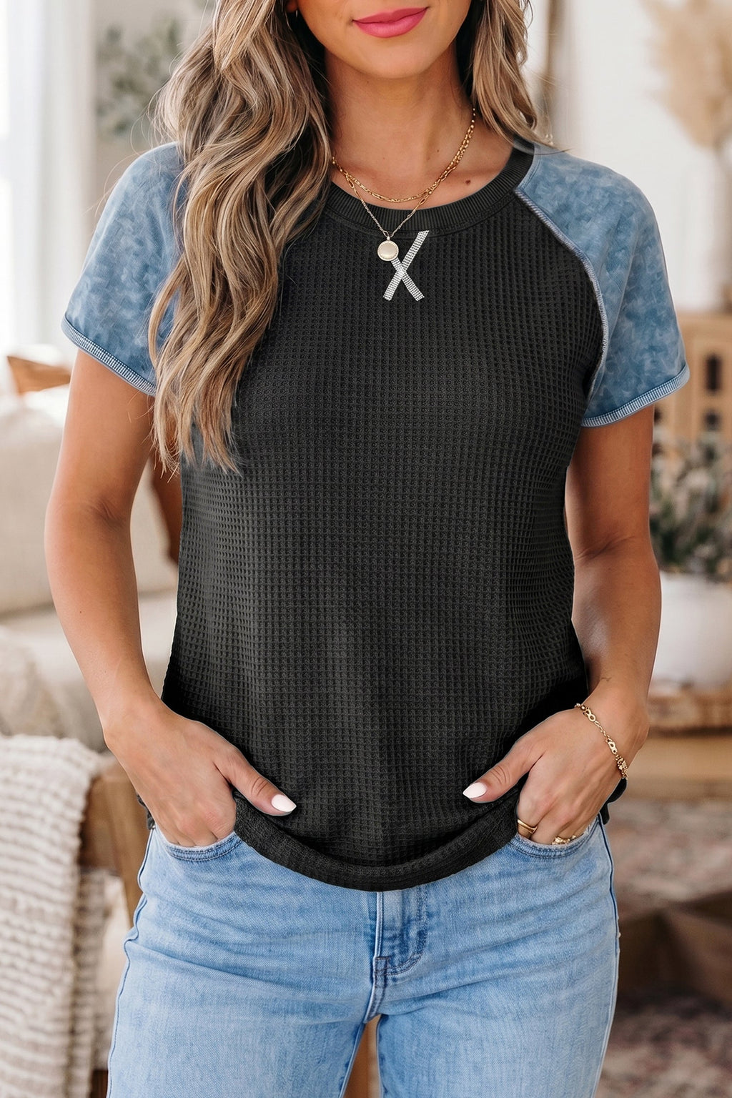 Carbon Grey Waffle Knit Seam Detail Color Block Patchwork Short Sleeve Top
