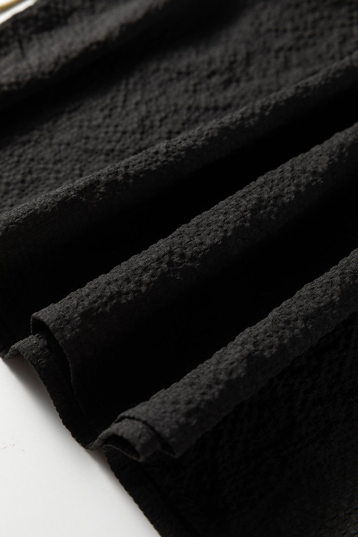 Black Color Block Patchwork Detail V Neck Textured Long Sleeve Blouse
