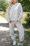 Light Grey Feather Camouflage Print Loose Drop Sleeve Hoodie and Pants Set