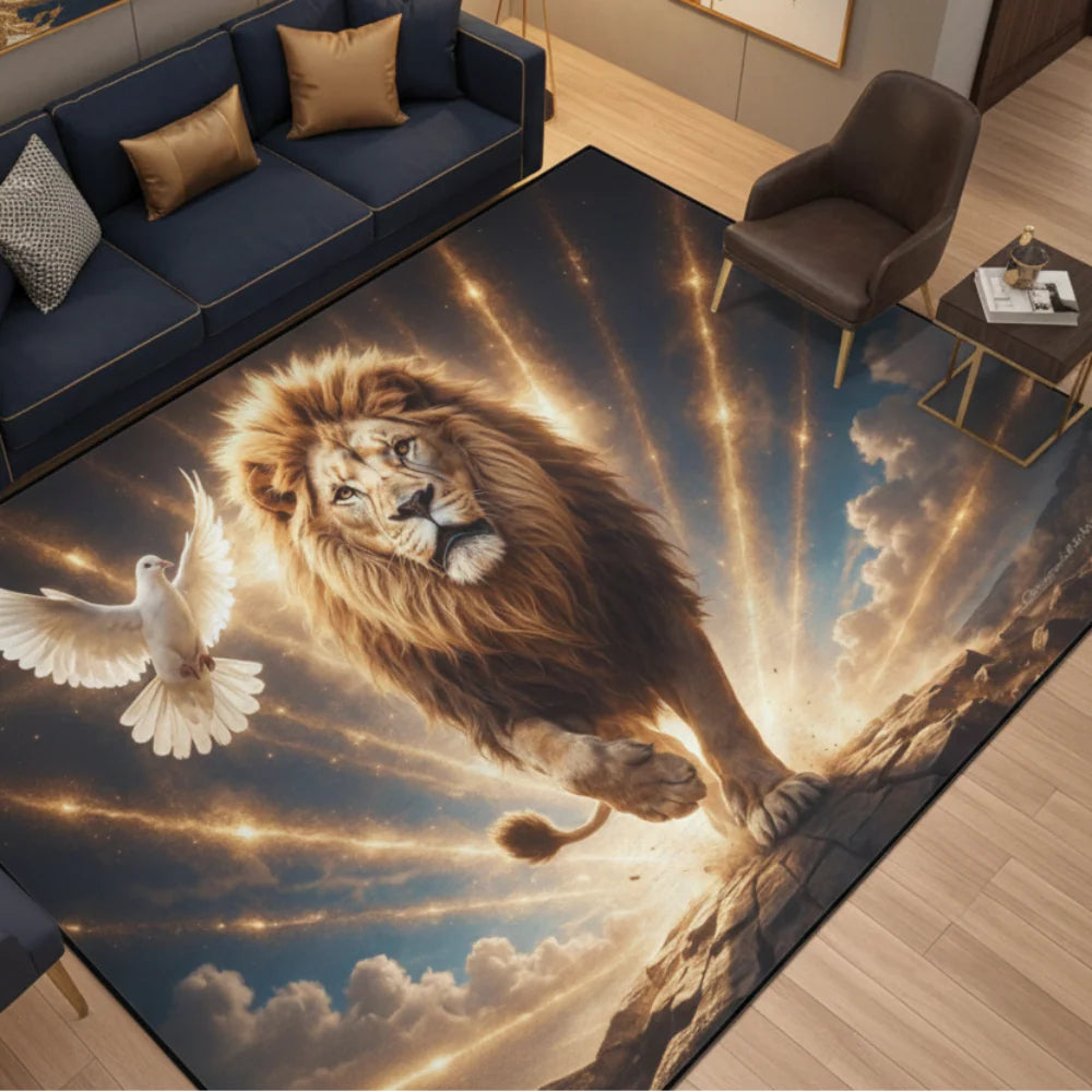 Lion of Judah and the Holy Spirit -Golden Rays and Clouds Area Rug with Black Binding (84"x60")