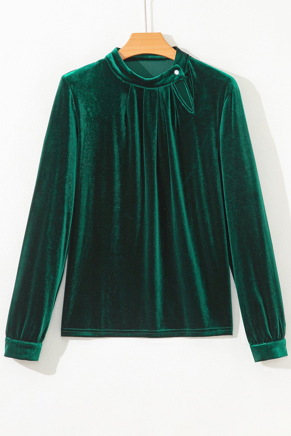 Evergreen Asymmetric Button Keyhole Neck Long Sleeve Velvet Blouse