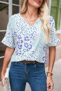 Green Leopard Print V Neck Short Sleeve Blouse