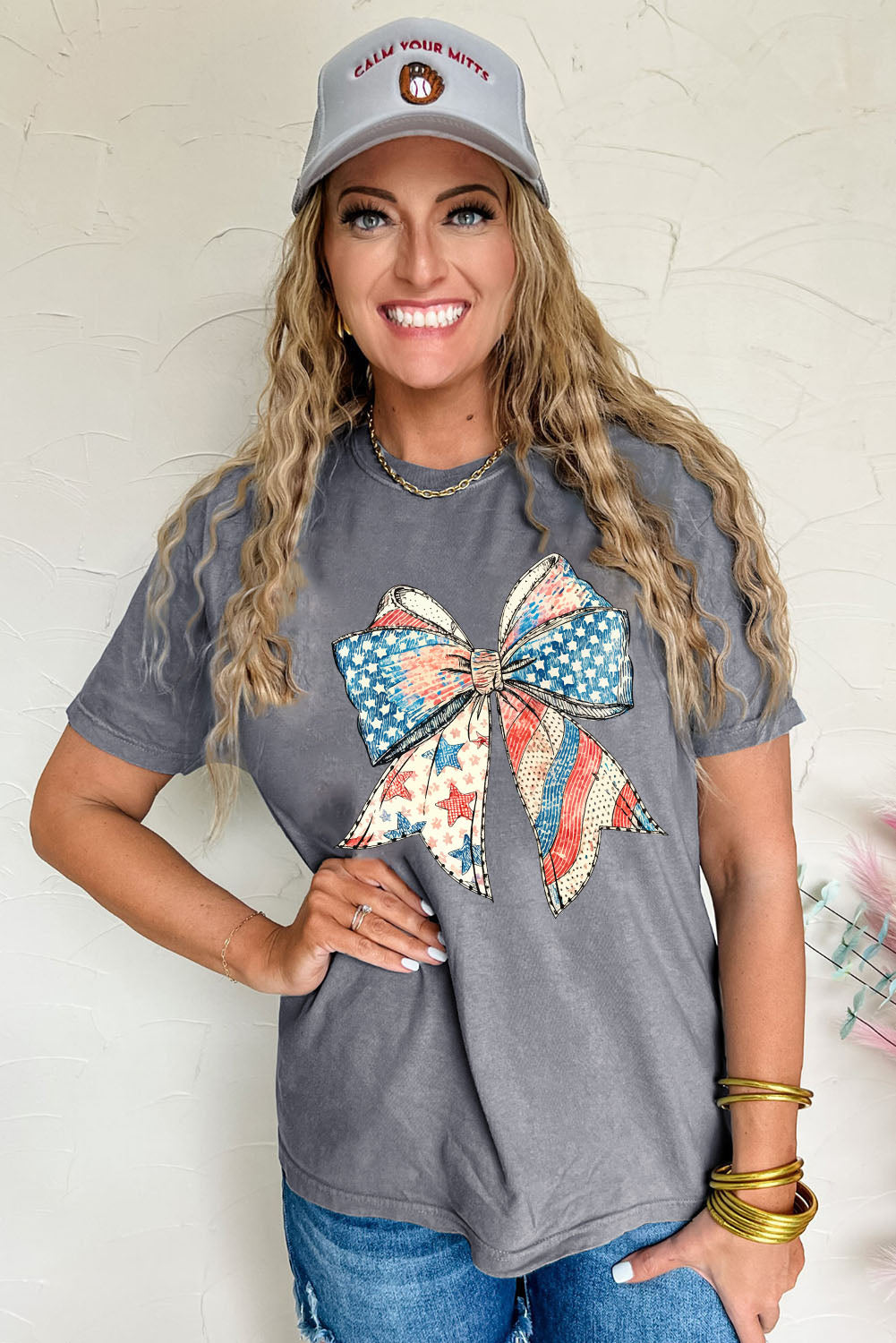 Gray USA Flag Bow Print Round Neck Loose T Shirt
