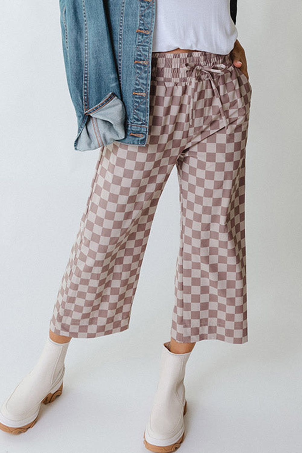 Khaki Tie Elastic Waist Checkered Loose Pants