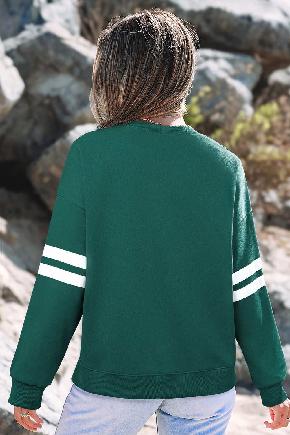 Sky Blue Varsity Striped Detail Drop Shoulder Oversized Sweatshirt