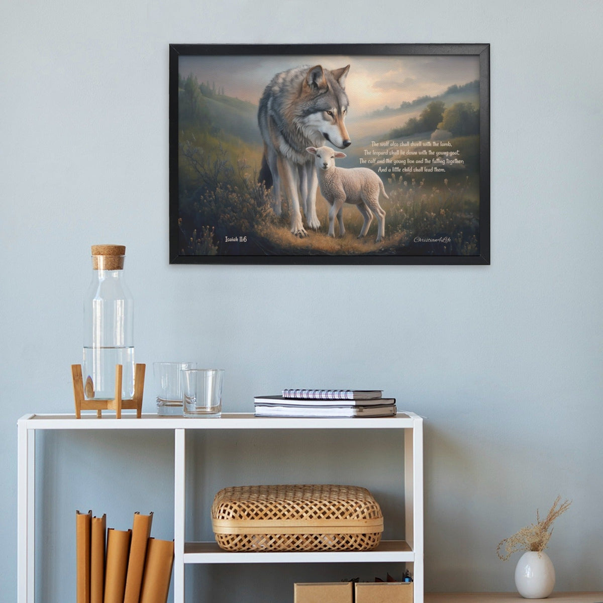 Framed - Wolf and Lamb with Isaiah 11:6 Quote, Christian Canvas, Black Frame
