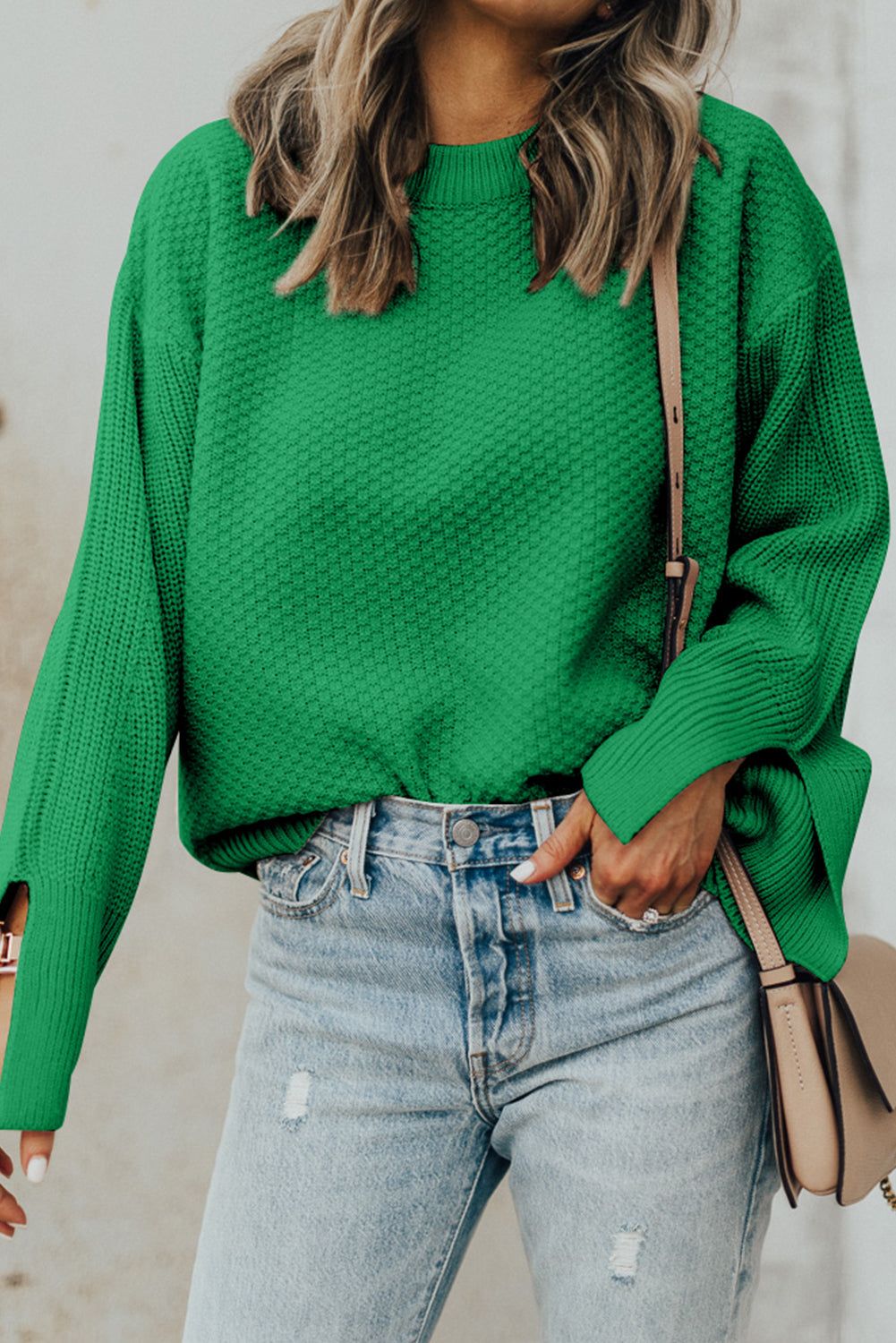 Parchment Solid Textured Knit Split Cuff Drop Shoulder Loose Sweater
