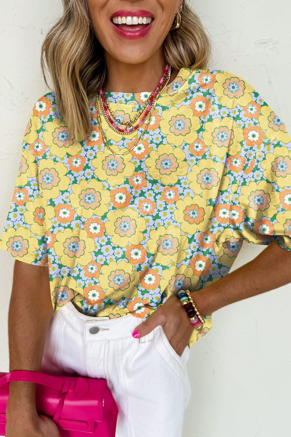 Yellow Summer Flower Print Drop Shoulder Loose T Shirt