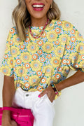 Yellow Summer Flower Print Drop Shoulder Loose T Shirt