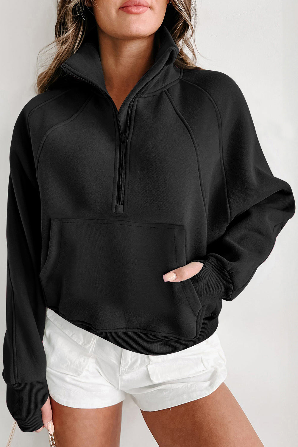 Smoke Green Quarter Zip Stand Neck Kangaroo Pocket Sweatshirt