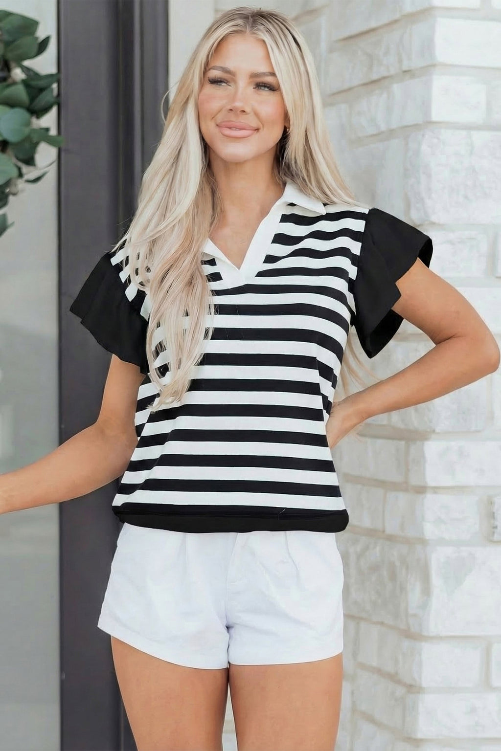 Pink Stripe Collar V Neck Ruffled Short Sleeve Blouse