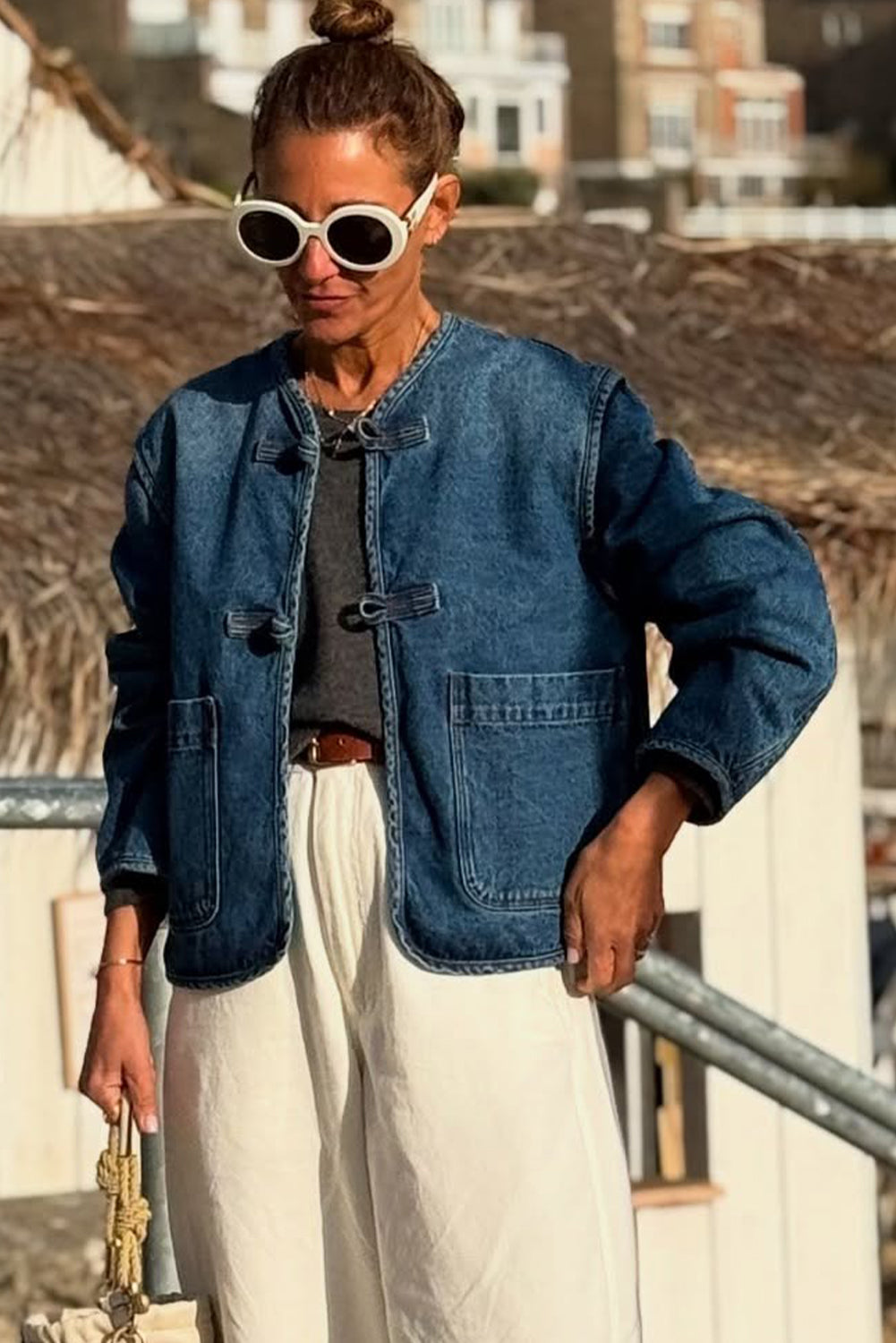 Sail Blue Vintage Fastening Big Patched Pockets Straight Cut Deep Wash Denim Jacket