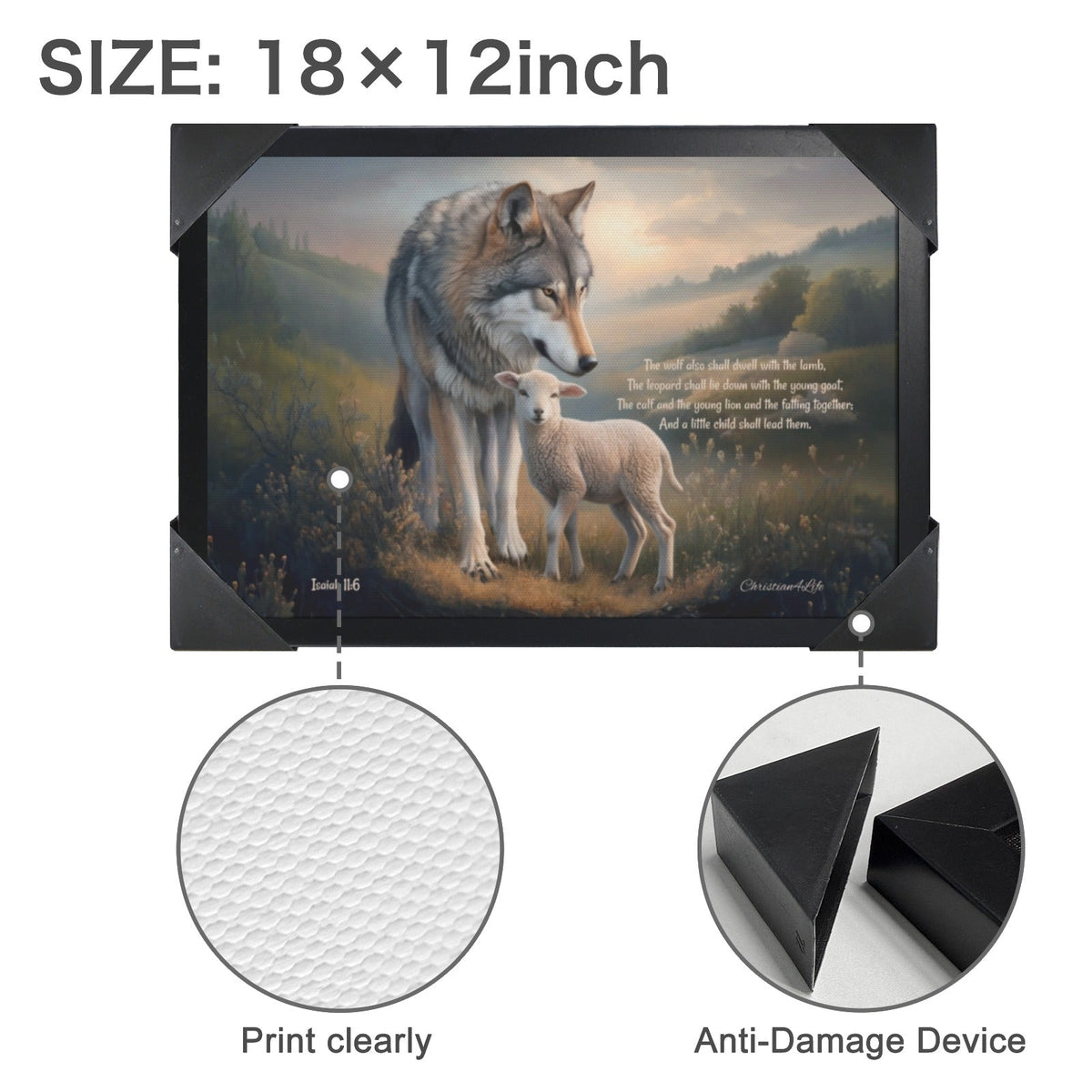 Framed - Wolf and Lamb with Isaiah 11:6 Quote, Christian Canvas, Black Frame