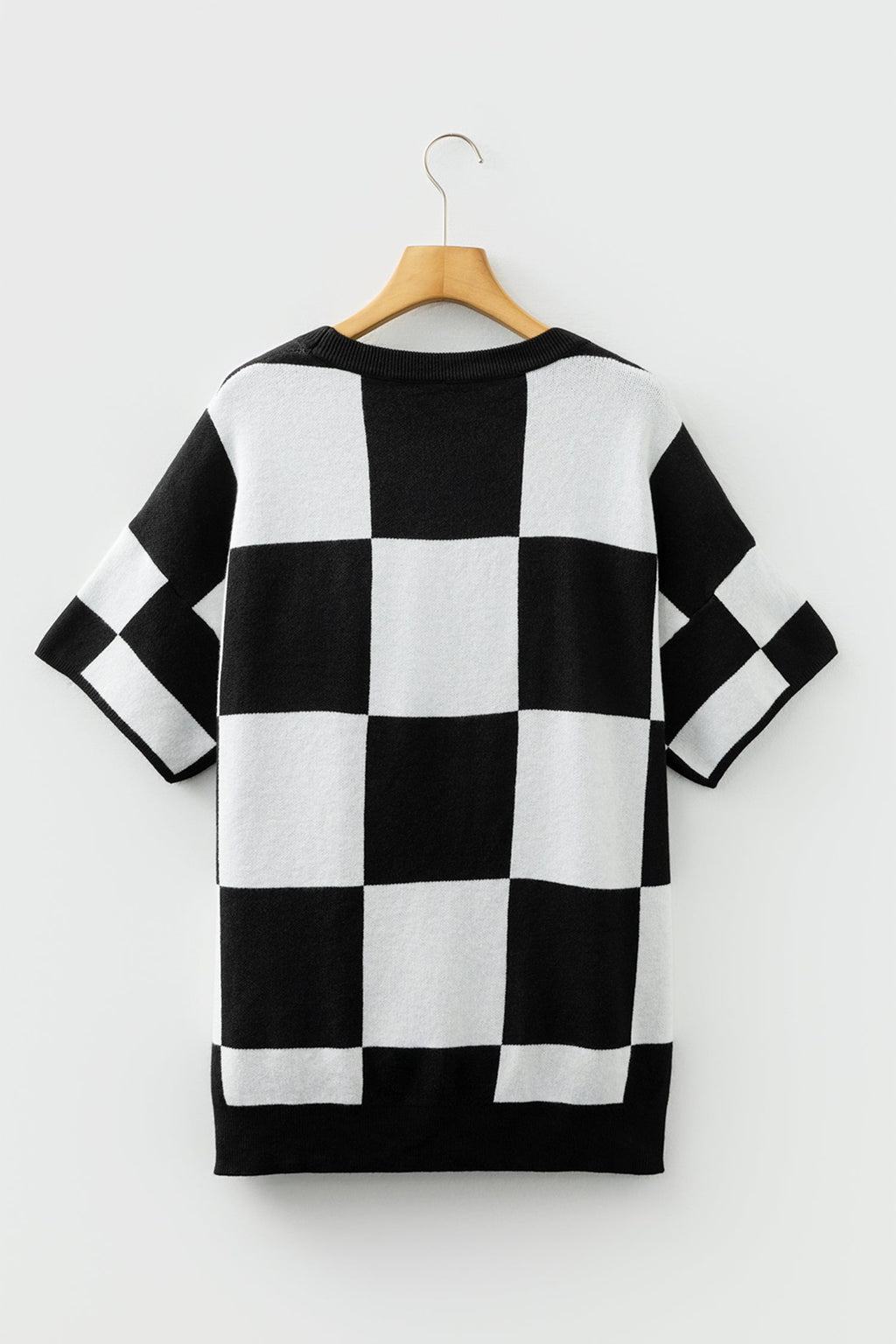 Light French Beige Checkered Pattern Loose Drop Shoulder Half Sleeve Sweater
