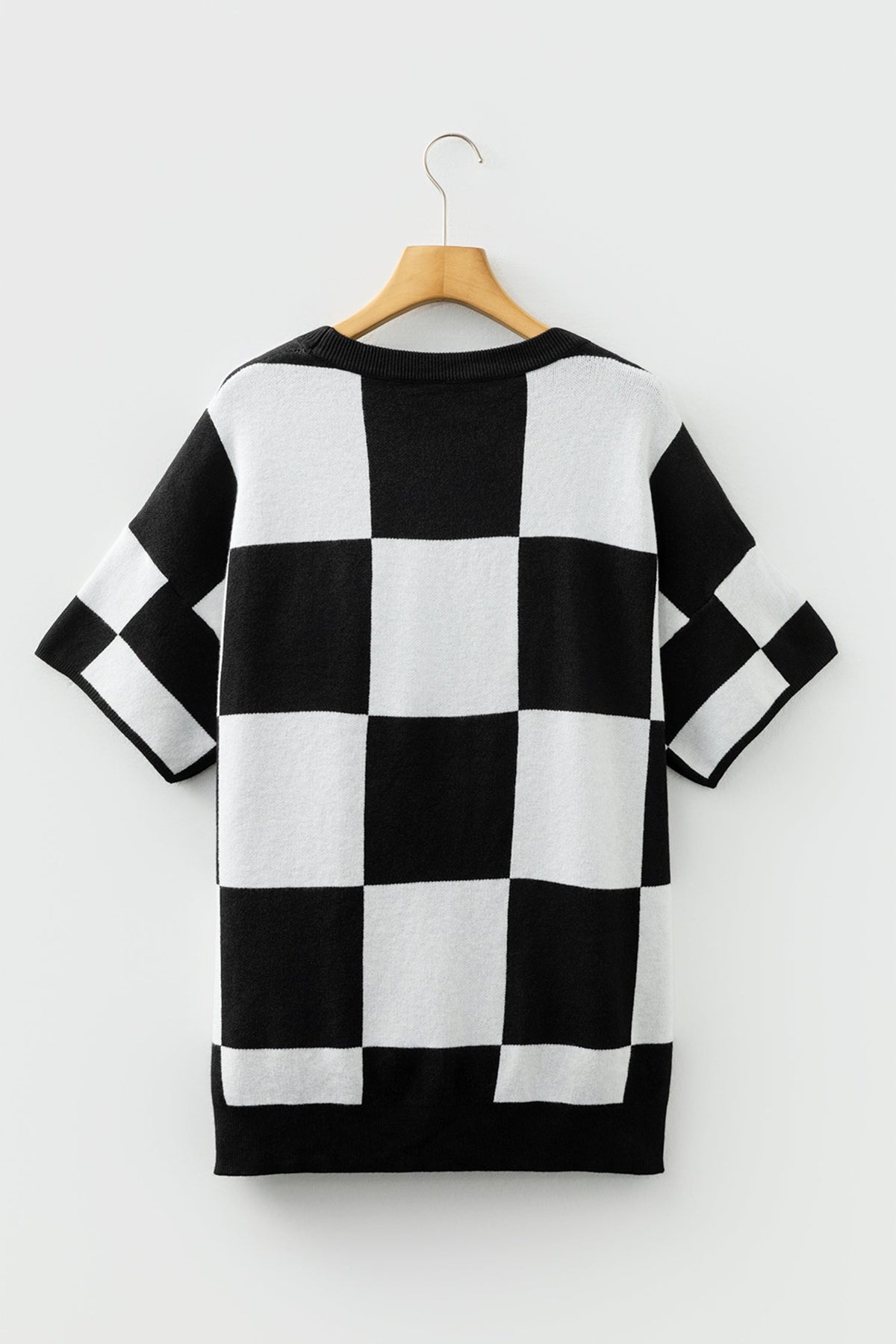 Light French Beige Checkered Pattern Loose Drop Shoulder Half Sleeve Sweater