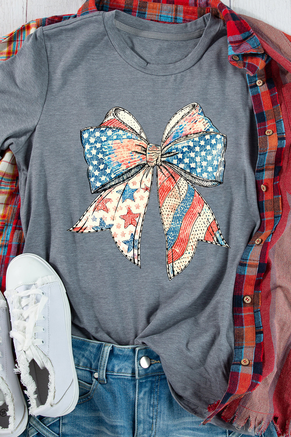 Gray USA Flag Bow Print Round Neck Loose T Shirt