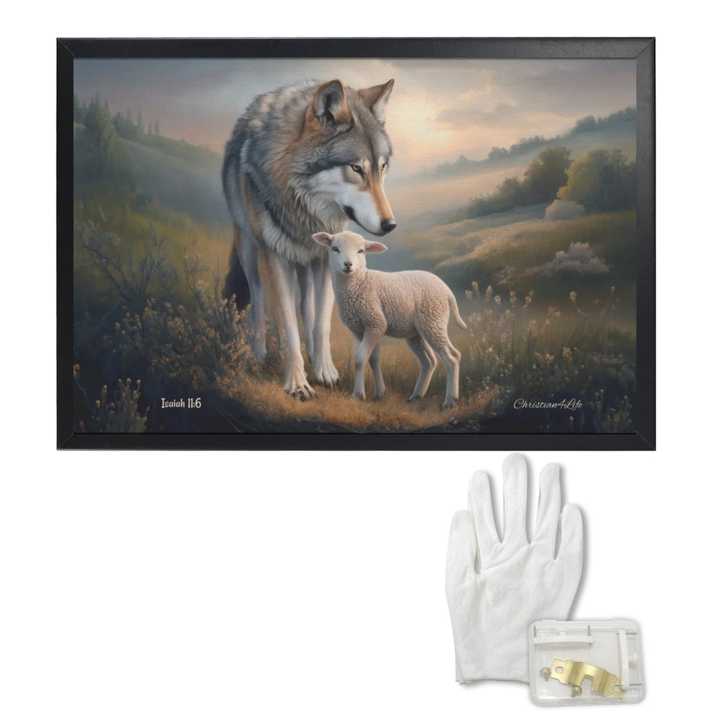 Framed- Wolf and Lamb, Christian Wall Art, Black Framed Canvas Print, Isaiah 11:6