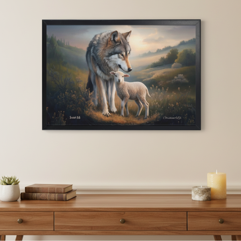 Framed- Wolf and Lamb, Christian Wall Art, Black Framed Canvas Print, Isaiah 11:6