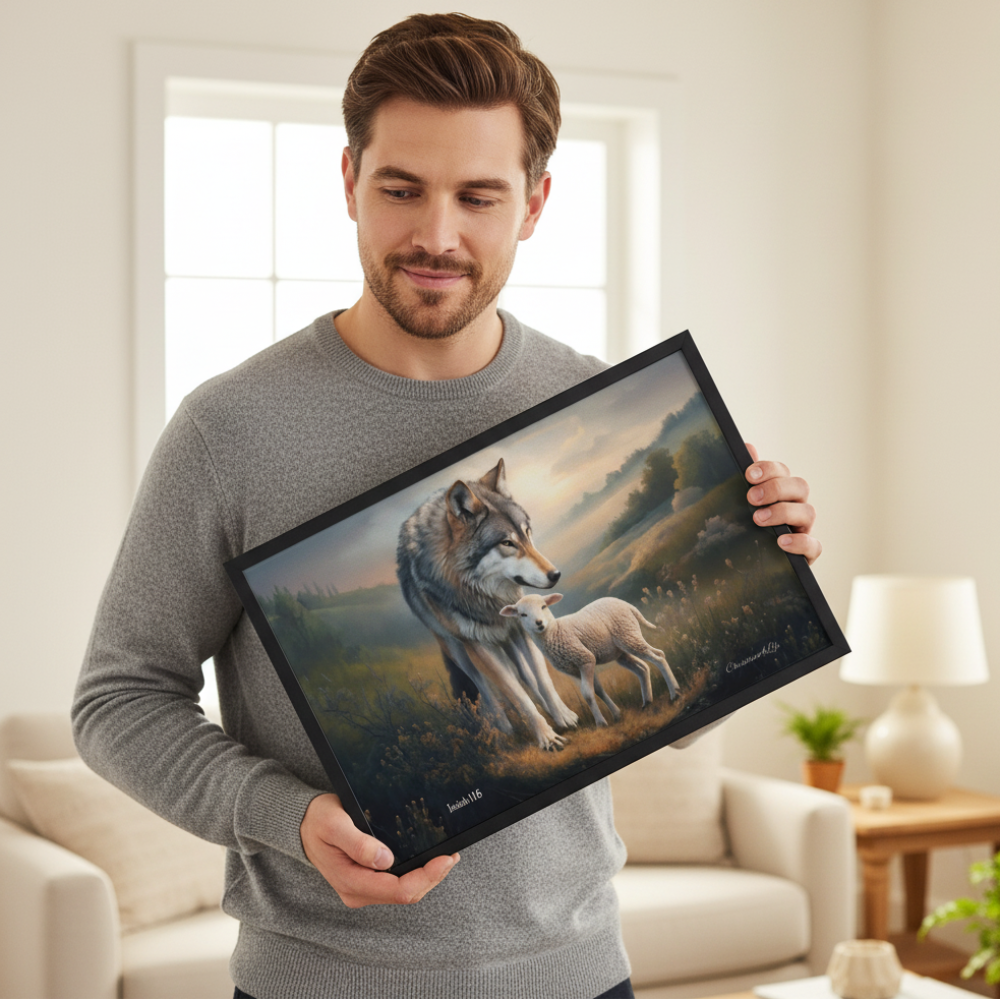 Framed- Wolf and Lamb, Christian Wall Art, Black Framed Canvas Print, Isaiah 11:6