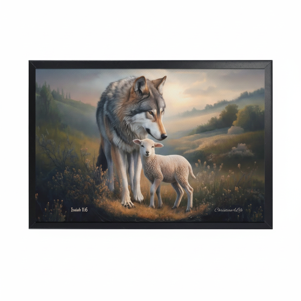 Framed- Wolf and Lamb, Christian Wall Art, Black Framed Canvas Print, Isaiah 11:6