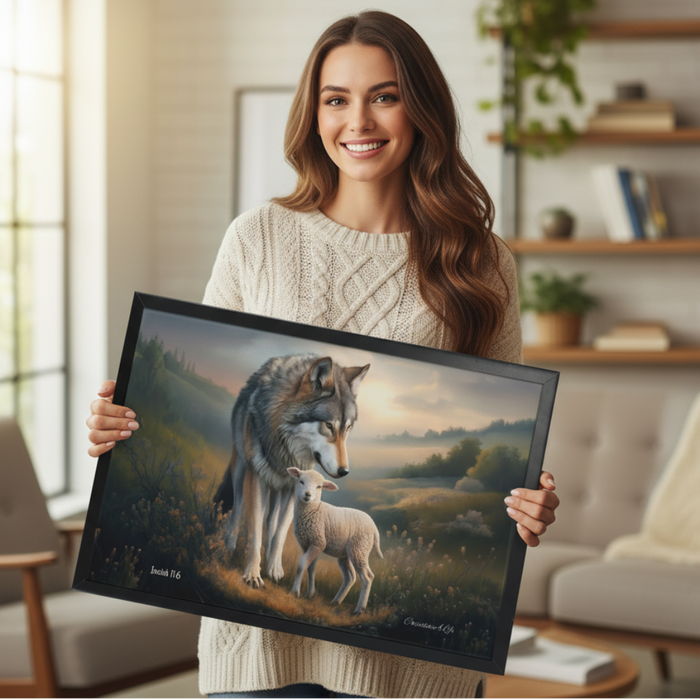 Framed- Wolf and Lamb, Christian Wall Art, Black Framed Canvas Print, Isaiah 11:6