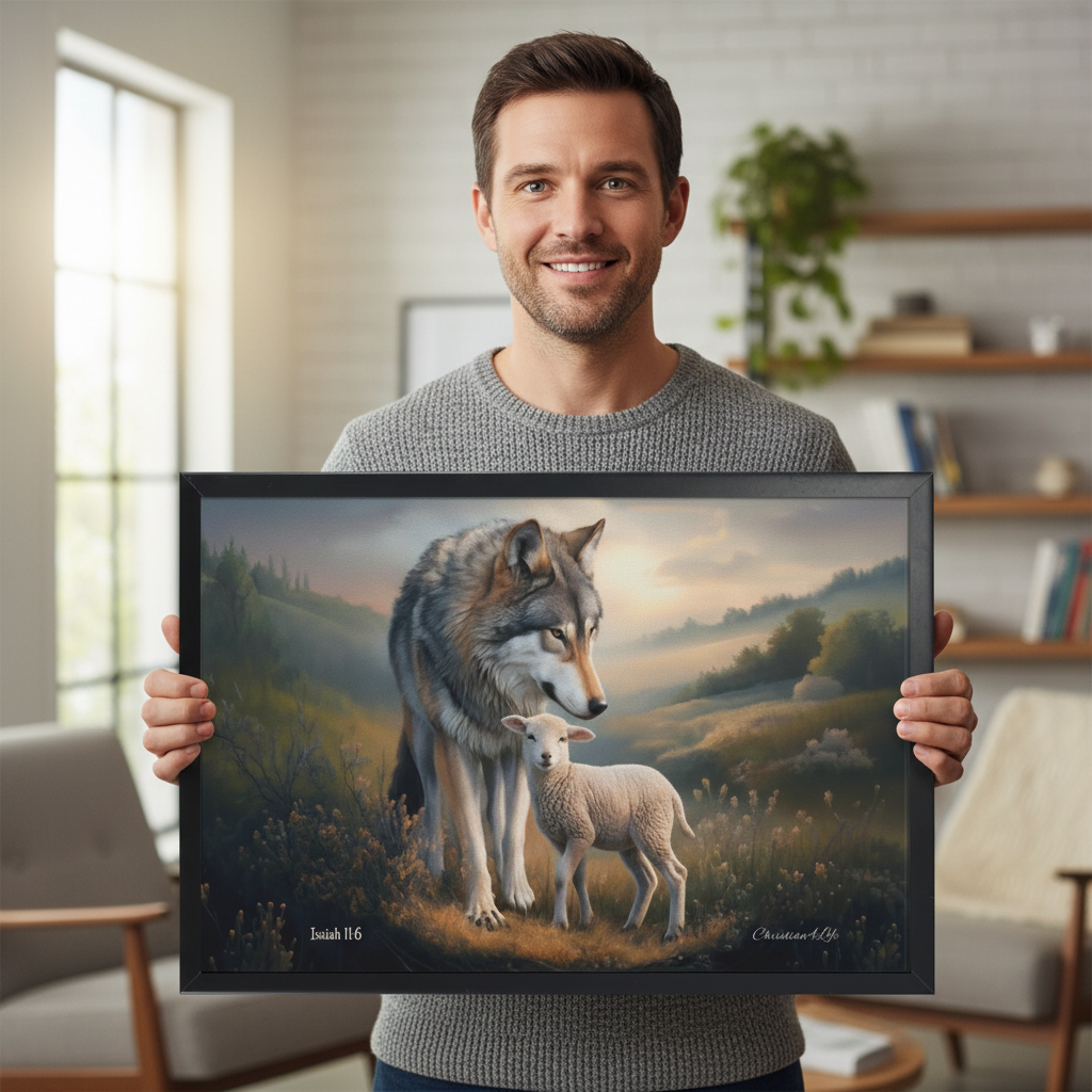 Framed- Wolf and Lamb, Christian Wall Art, Black Framed Canvas Print, Isaiah 11:6
