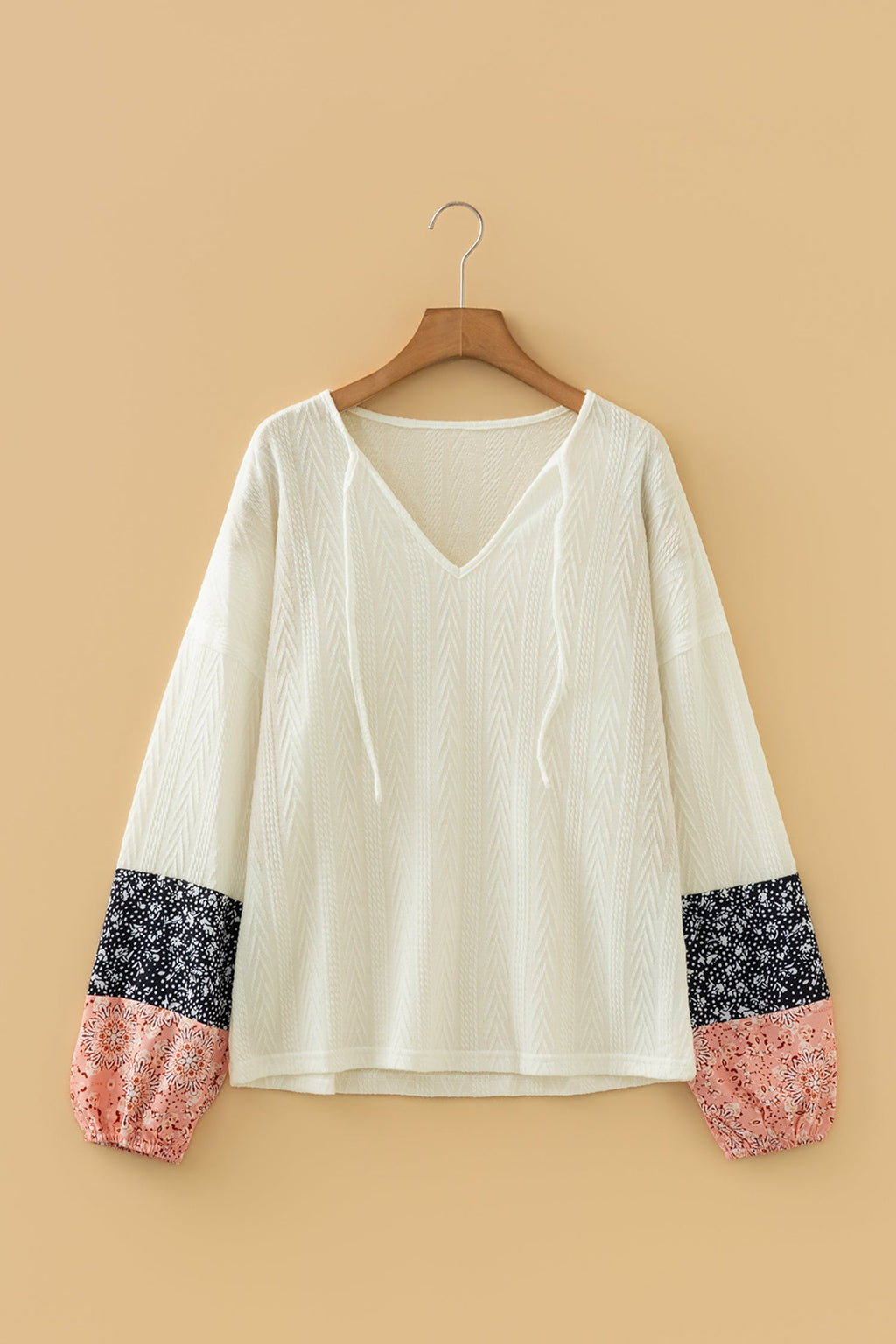 Dusty Pink Floral Patchwork Textured Knit Drawstring V Neck Blouse