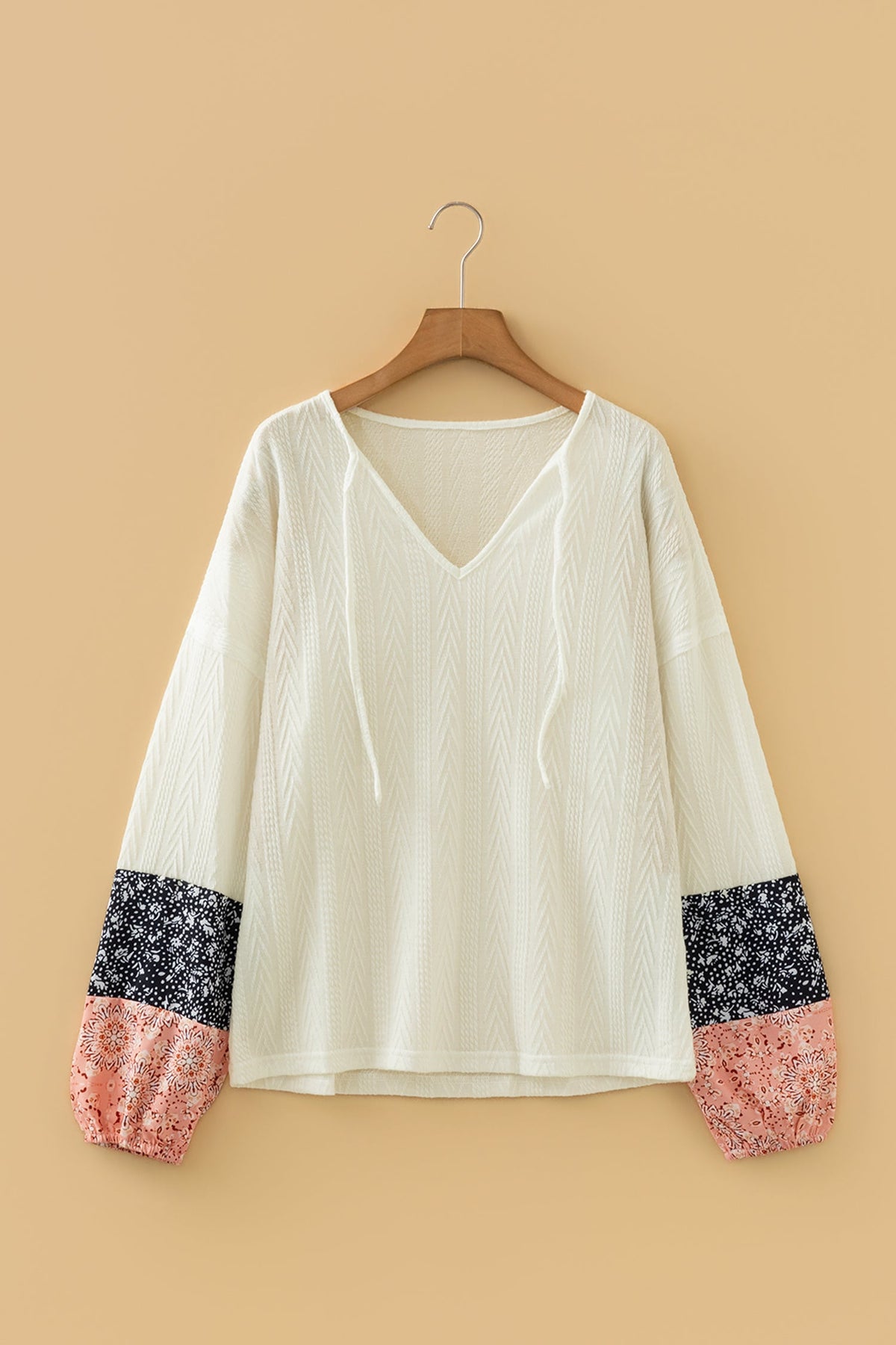 Dusty Pink Floral Patchwork Textured Knit Drawstring V Neck Blouse