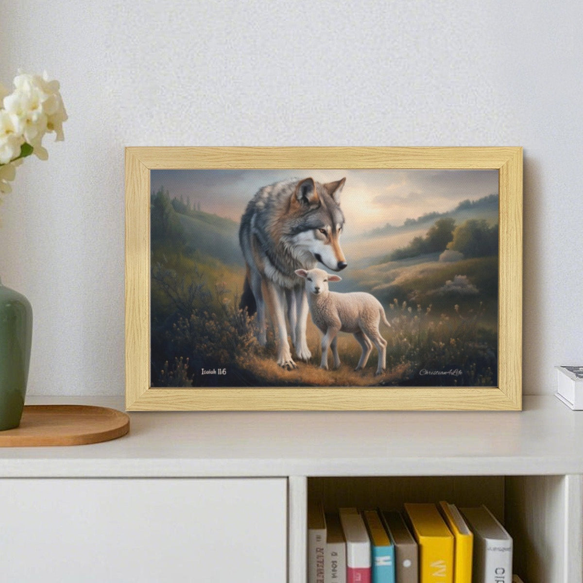 Framed - Wolf and Lamb Christian Canvas, Wooden Frame