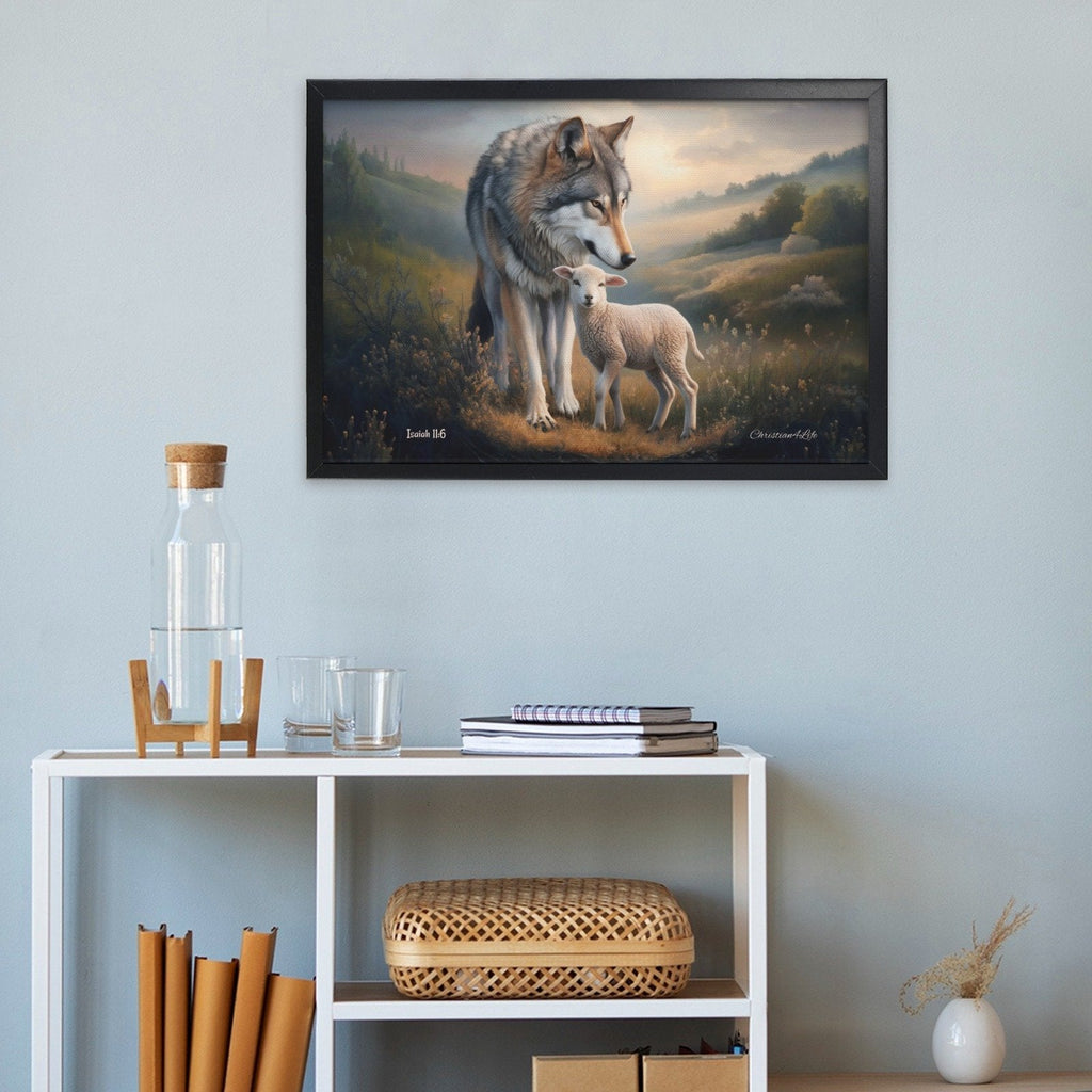 Framed- Wolf and Lamb, Christian Wall Art, Black Framed Canvas Print, Isaiah 11:6