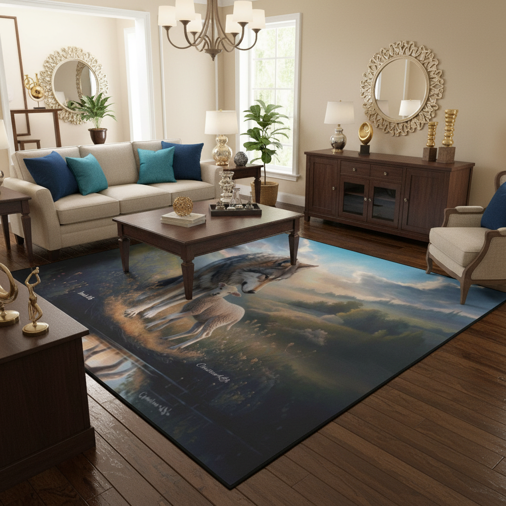 Wolf and Lamb water reflection Christian Area Rug with Black Binding 84"x60"