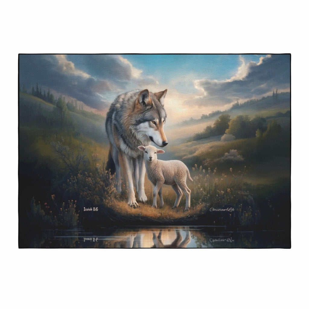 Wolf and Lamb water reflection Christian Area Rug with Black Binding 84"x60"
