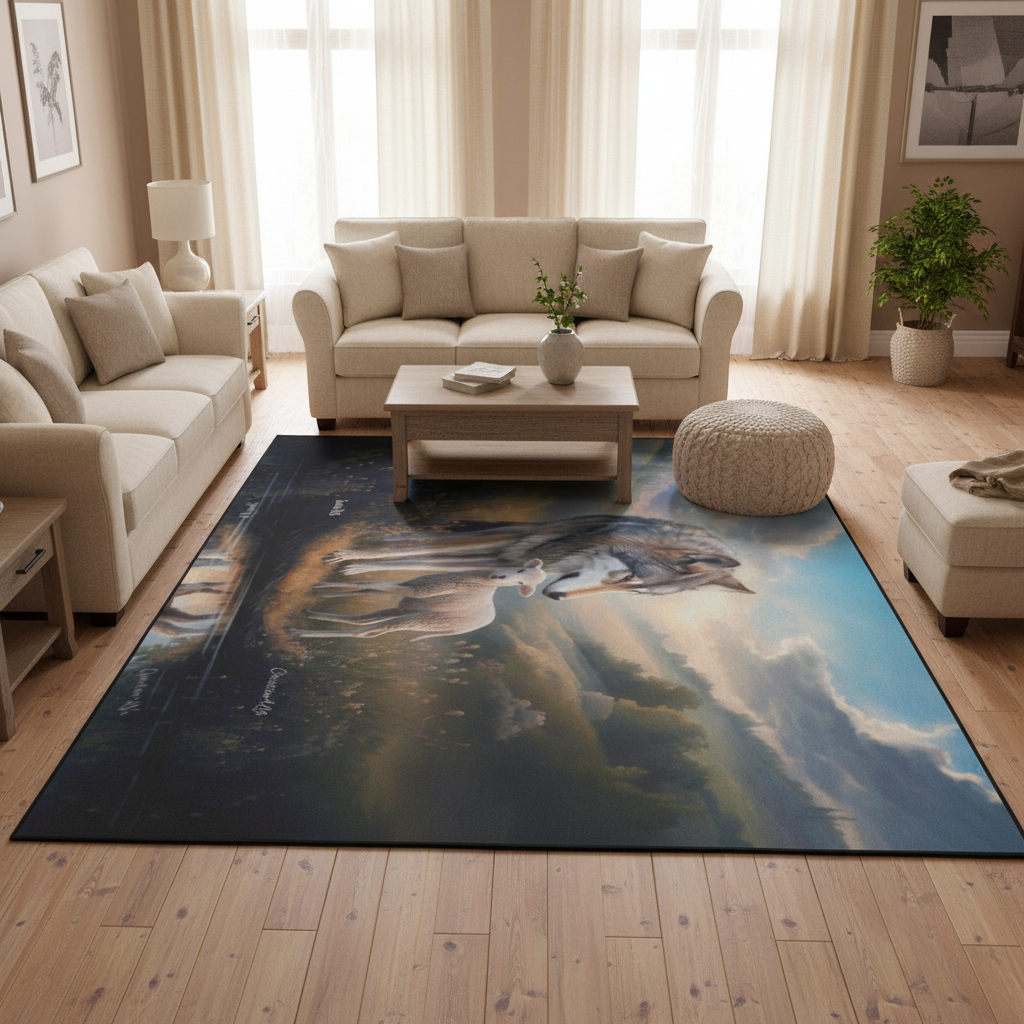 Wolf and Lamb water reflection Christian Area Rug with Black Binding 84"x60"