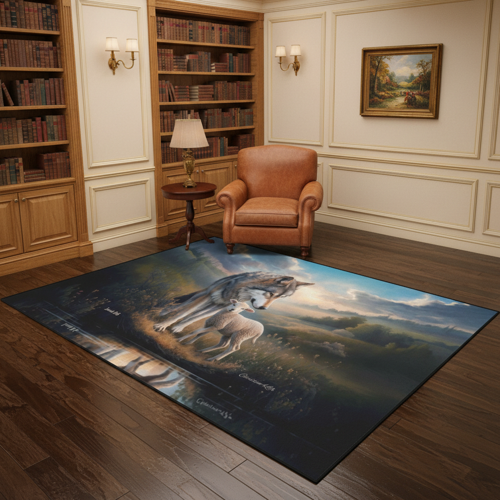 Wolf and Lamb water reflection Christian Area Rug with Black Binding 84"x60"