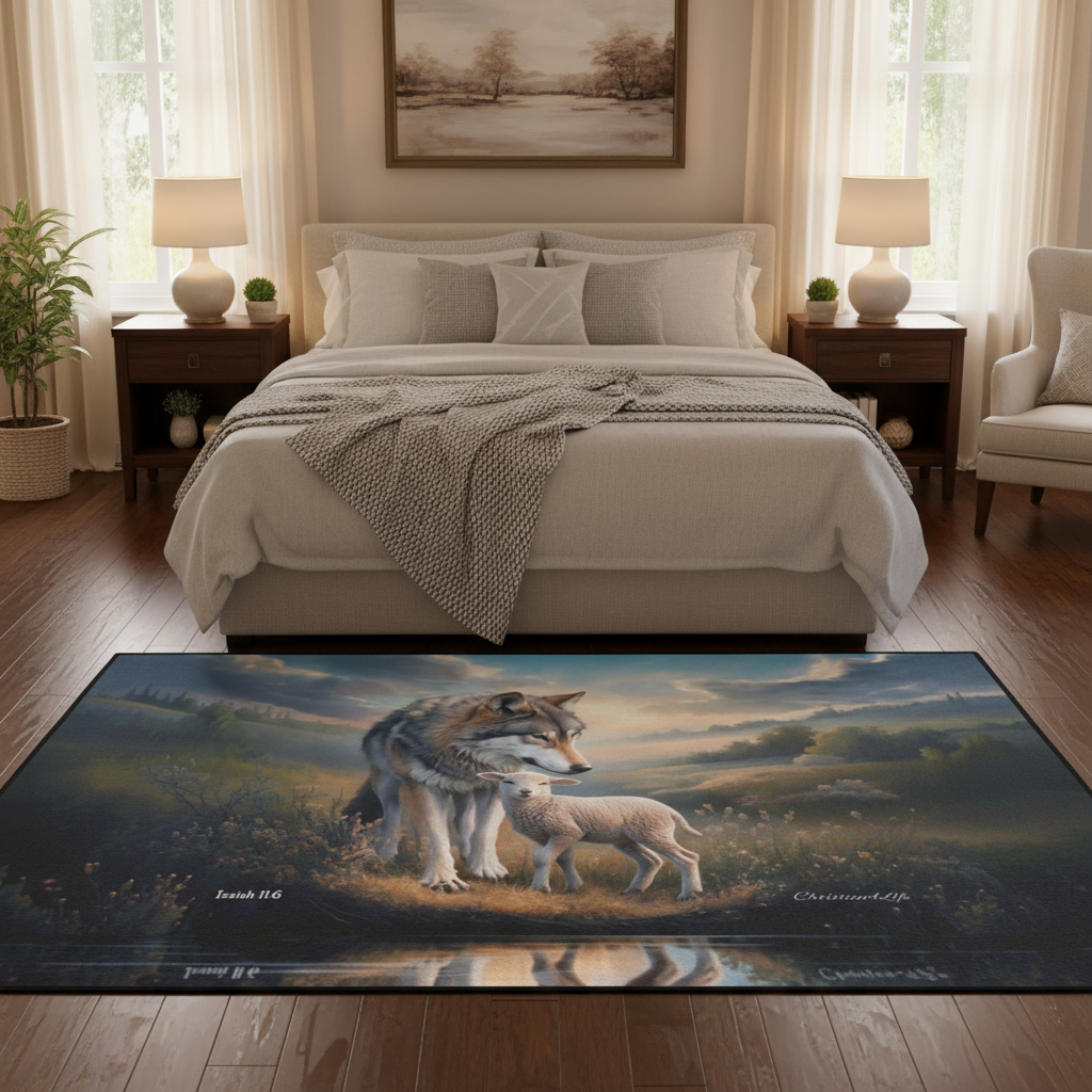 Wolf and Lamb water reflection Christian Area Rug with Black Binding 84"x60"